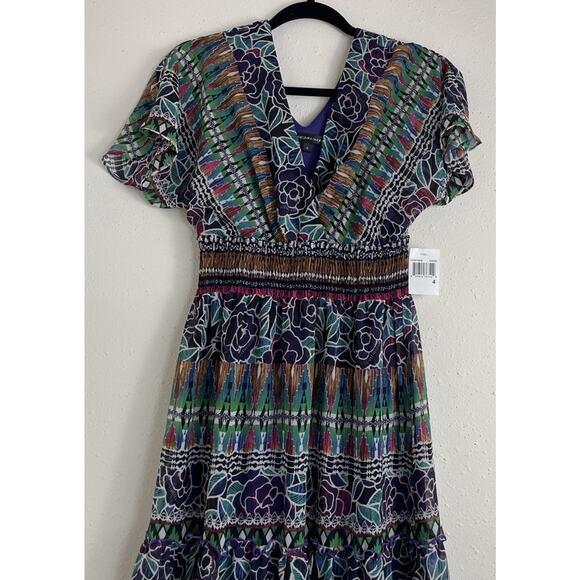 Chris McLaughlin Size 4 Boho Maxi Dress Multicolor Tribal Floral Print V Neck - Picture 4 of 13